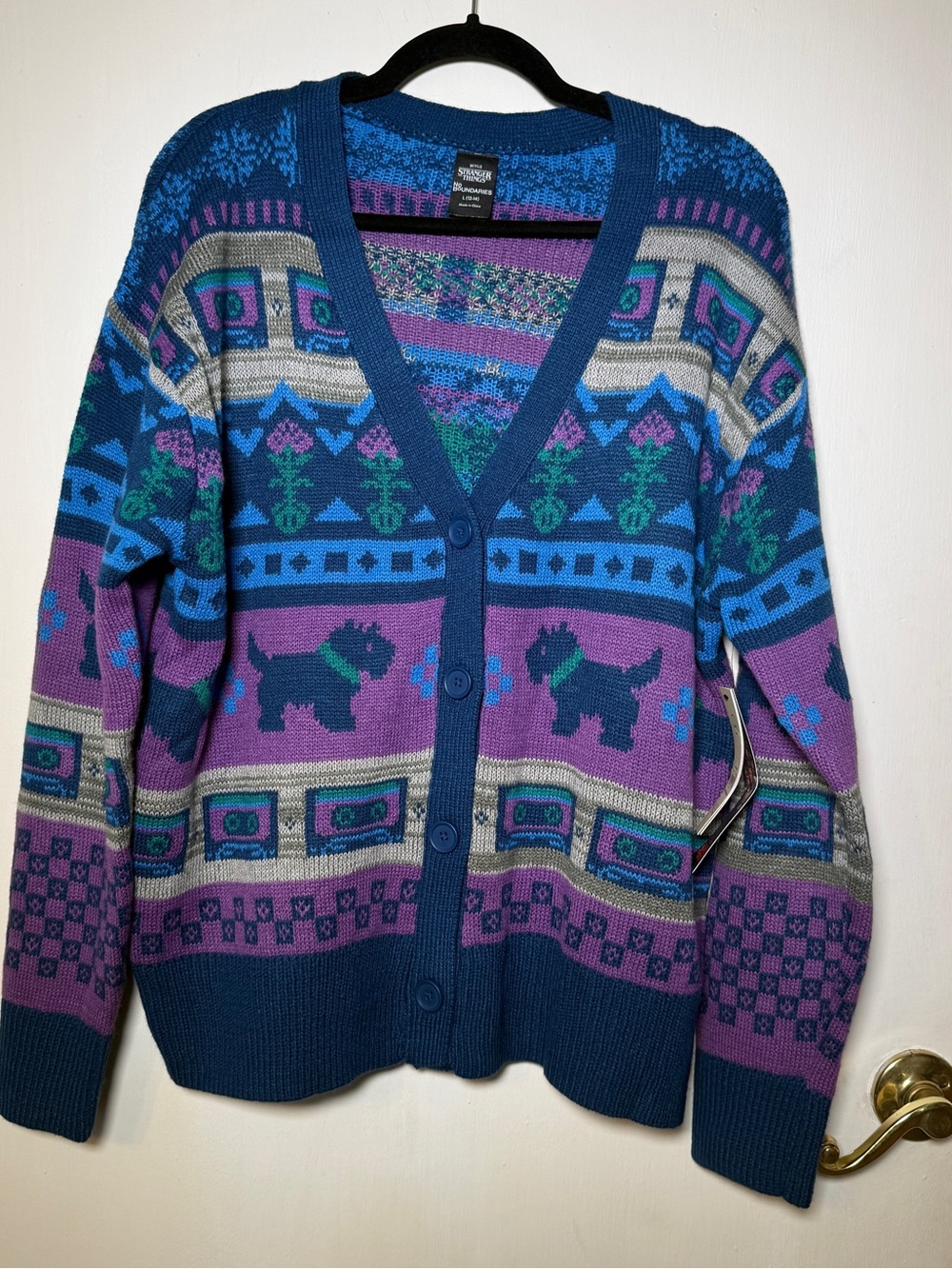 No Boundaries "Stranger Things" NWT Blue & Purple Patterned Cardigan Sweater L